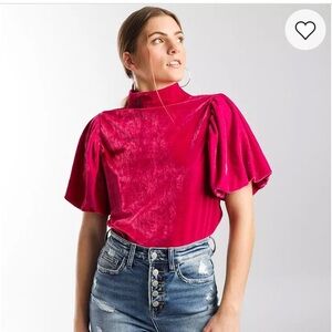 Free People Pink Fuchsia Puff Sleeve Blouse with Mandarin Collar